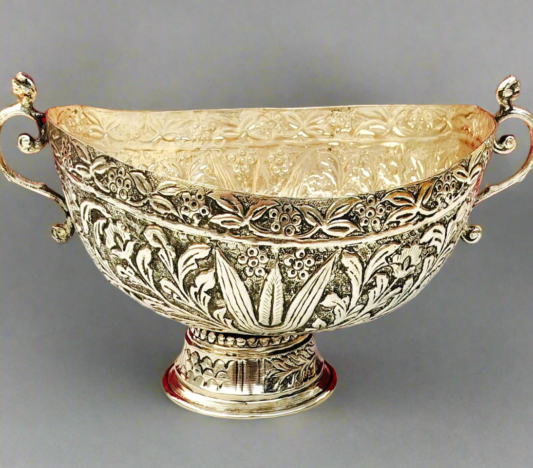 German silver oval urli/fruit snacks bowl with 2 side handle